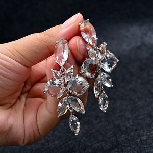 Anthro Crystal Large Clear Long Leaf Shaped Dangle Drop Earrings